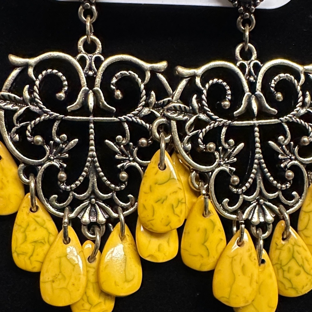 Filigree Chandelier Drop Earrings with Yellow Stone Teardrops - Picture 3 of 3